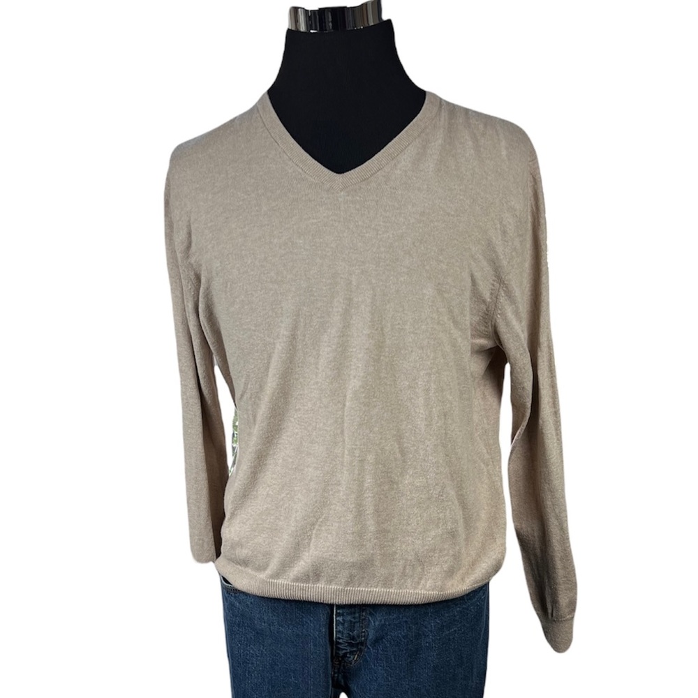 J Crew Mens Cotton Cashmere V Neck Sweater Beige SZ  L